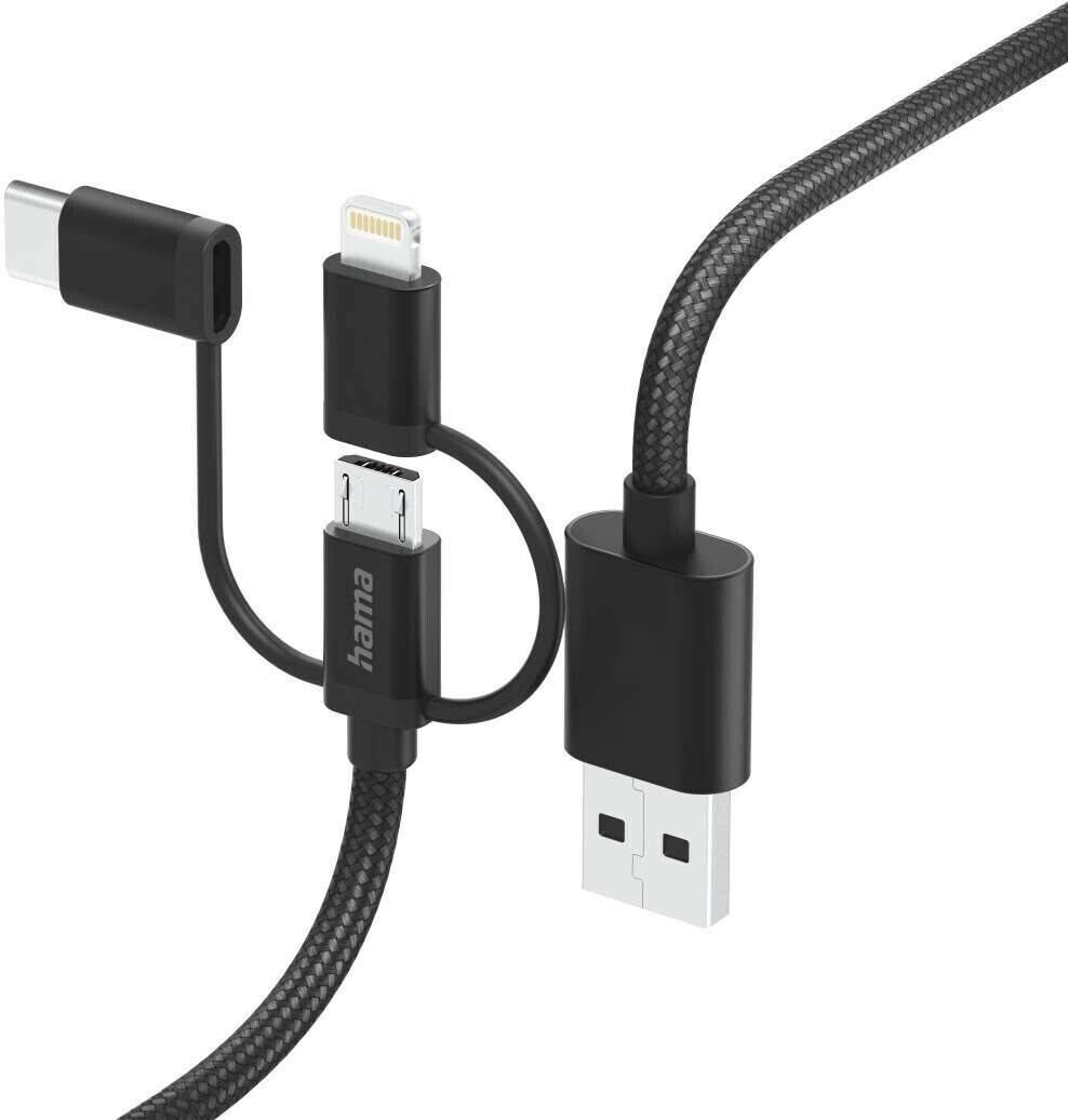 Hama 3in1 Multi-Ladekabel, USB-A - Micro-USB, USB-C u. Lightning, 1,5 m, Schwarz Handy-Zubehör