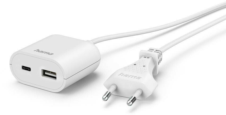 Hama 00223204 USB-Netzteil mit 1,9 m langem Kabel, 3,5A, 1x USB-A, 1x USB-C, Weiß Handy-Zubehör