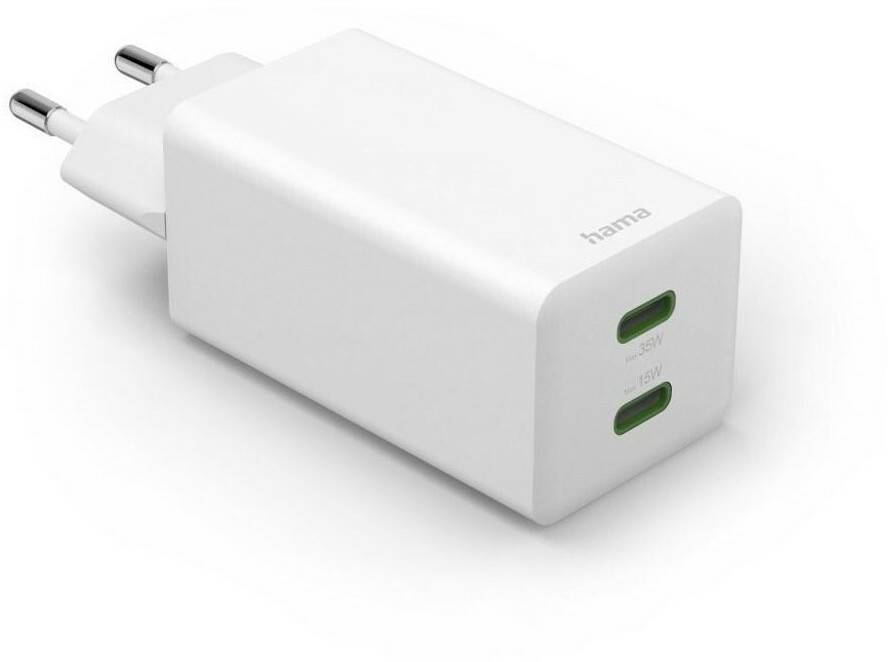 Hama 00125116 Schnellladegerät + Kabel, 2x USB-C, PD / QC, Mini-Ladegerät, 35W, 1 m, Weiß Handy-Zubehör