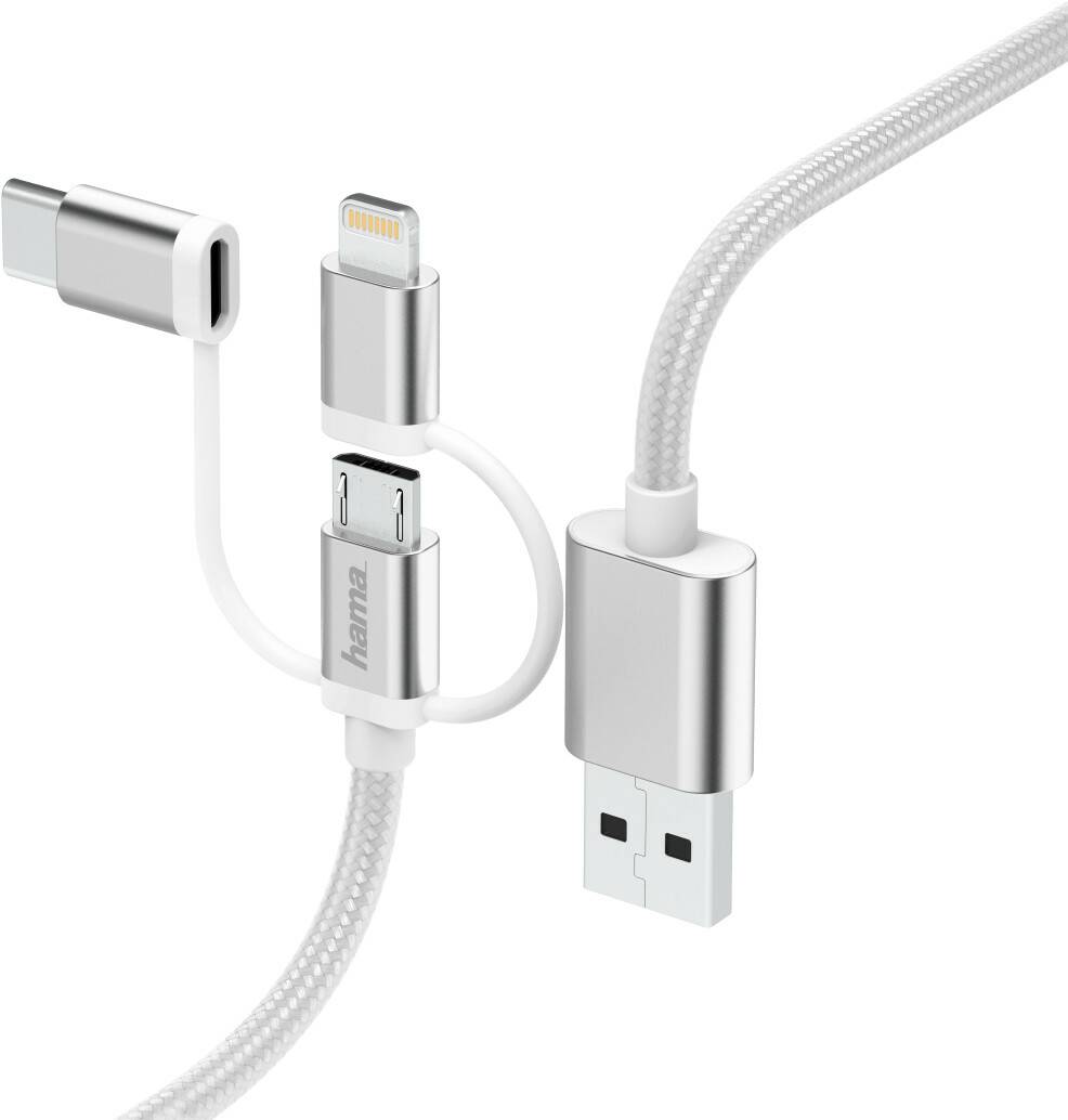 Hama 3in1-Micro-USB-Kabel mit Adapter auf USB-Type-C u. Lightning0,2m Weiß Handy-Zubehör