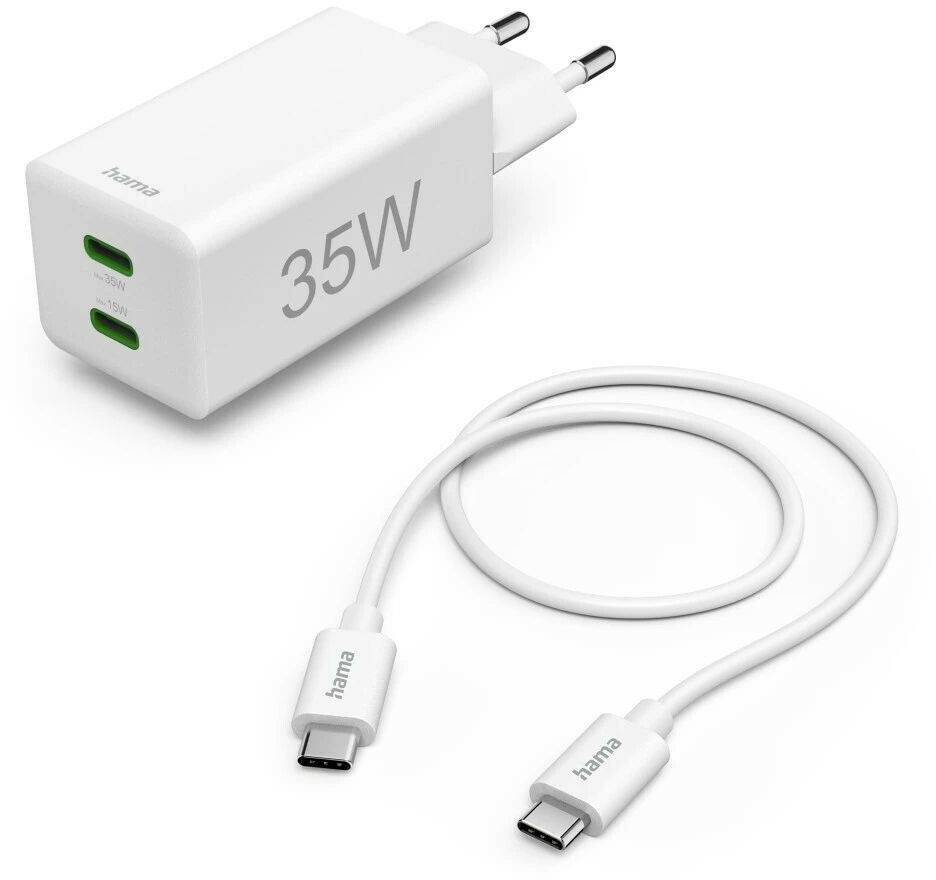 Hama 00125116 Schnellladegerät + Kabel, 2x USB-C, PD / QC, Mini-Ladegerät, 35W, 1 m, Weiß Handy-Zubehör