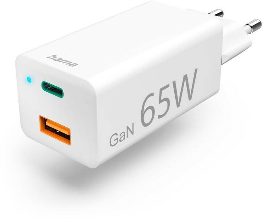 Hama Schnellladegerät GaN 1x USB-C PD 1x USB-A QC Mini-Ladegerät 65 W Weiß (00125130) Handy-Zubehör