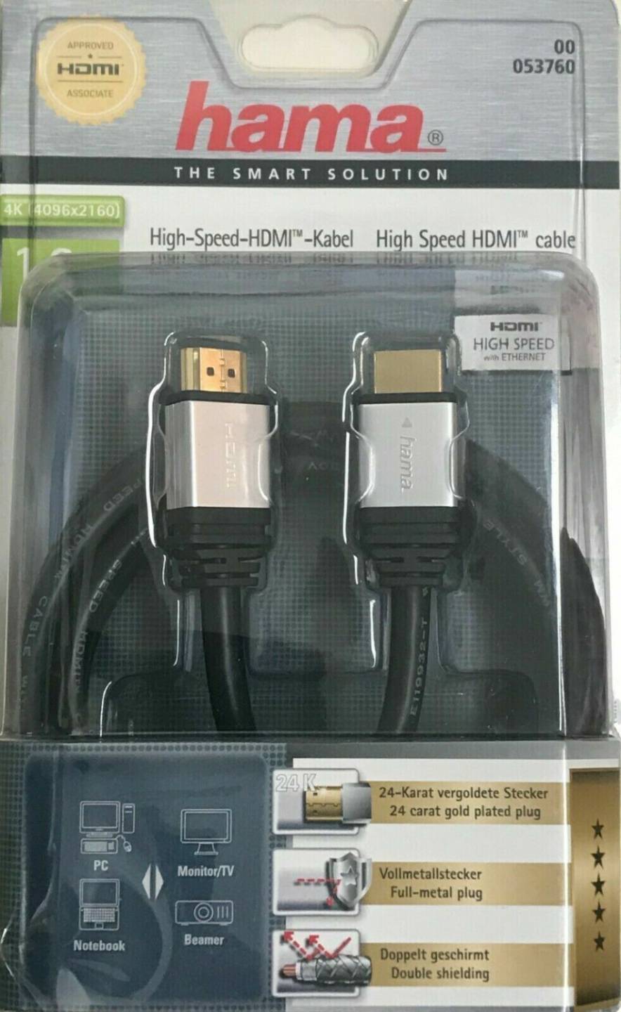 TV-Zubehör Hama High Speed HDMI 1.3, 24K-vergoldet, doppelt geschirmt53760 High Speed HDMI-Kabel, Metall, 24K-vergoldet, doppelt geschirmt (1,8m)