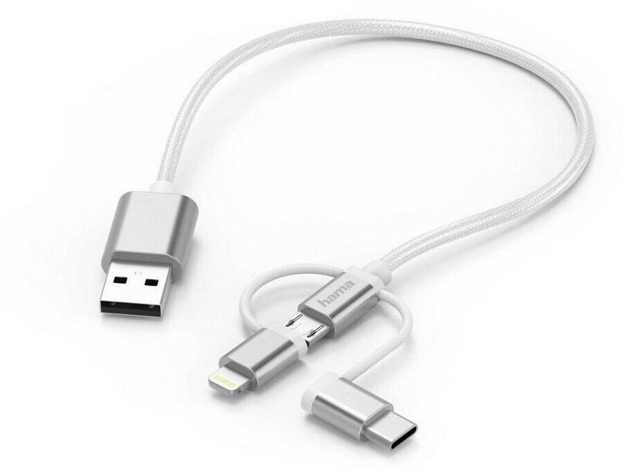 Hama 3in1-Micro-USB-Kabel mit Adapter auf USB-Type-C u. Lightning0,2m Weiß Handy-Zubehör