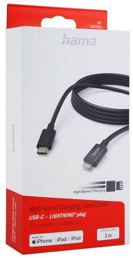 Handy-Zubehör Hama Lade- / Datenkabel USB-C - Lightning 3m Schwarz (00187274)